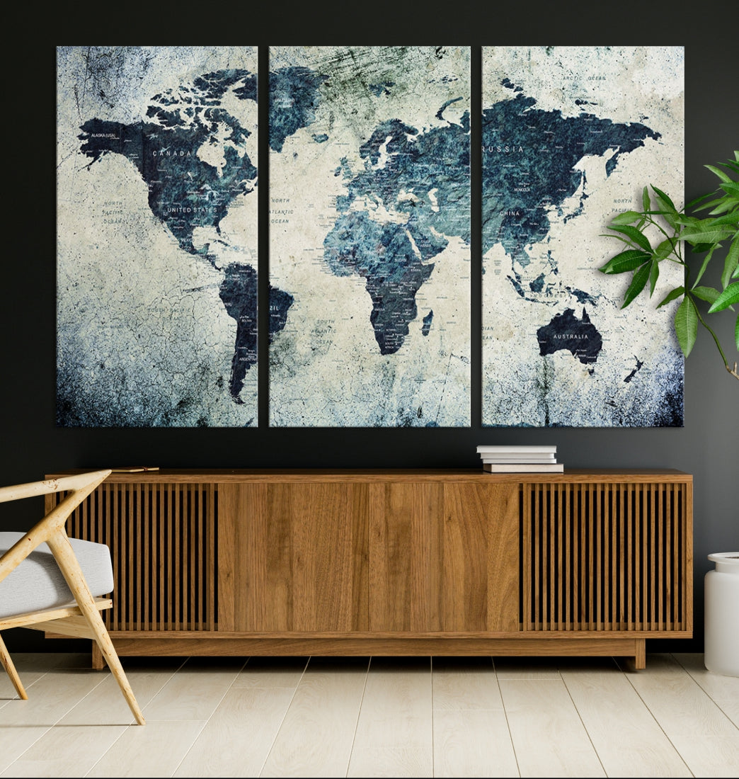 Extra Large World Map Wall Art Watercolor Painting on Canvas Print Grunge Vintage Decor