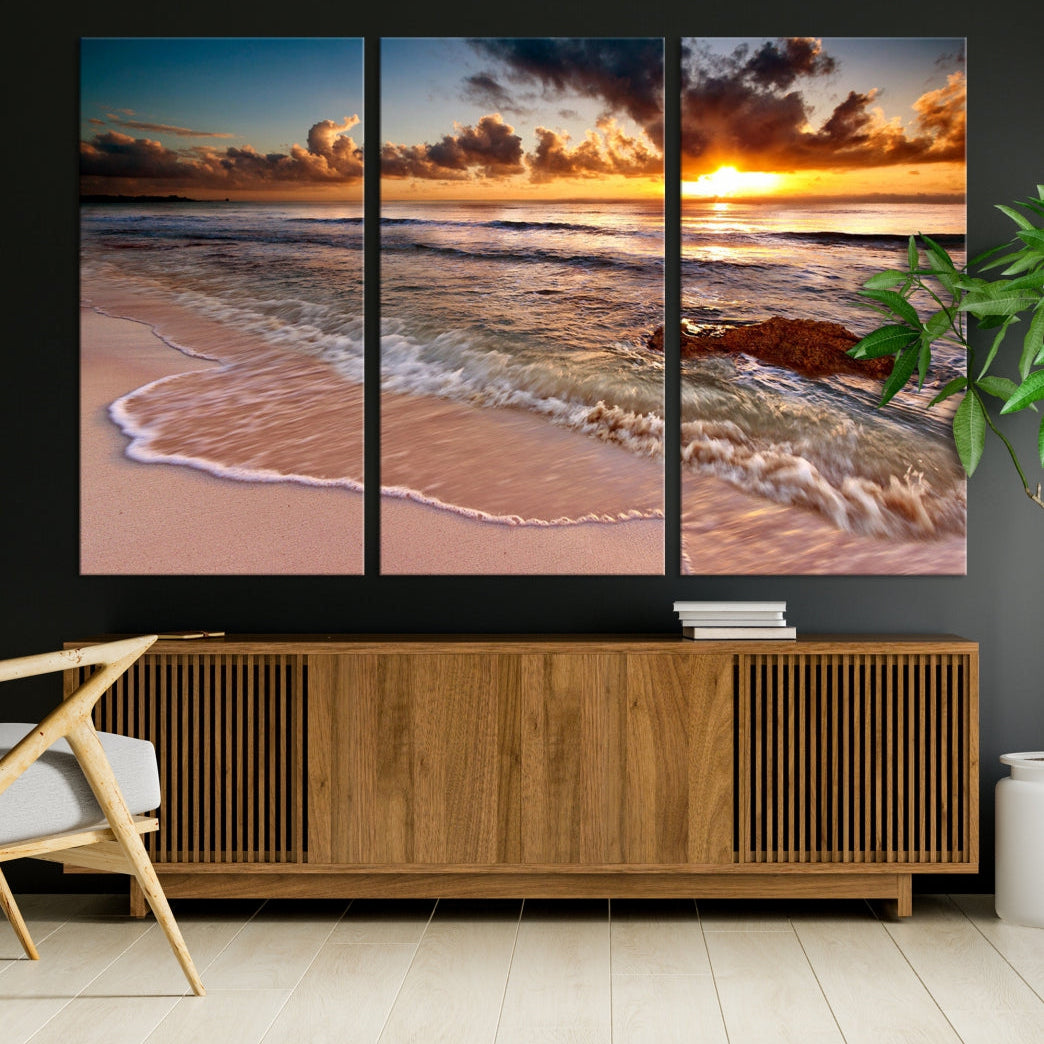 Breathtaking Sunset and Calm Beach Waves Canvas Wall Art Print