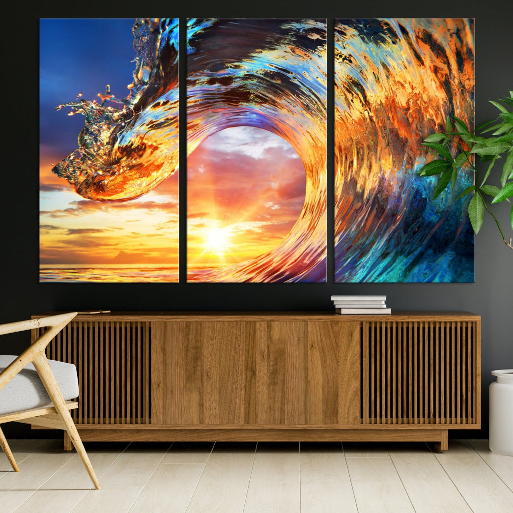 Large Canvas Wall Art Print of a Surface Wave Sunset Ocean