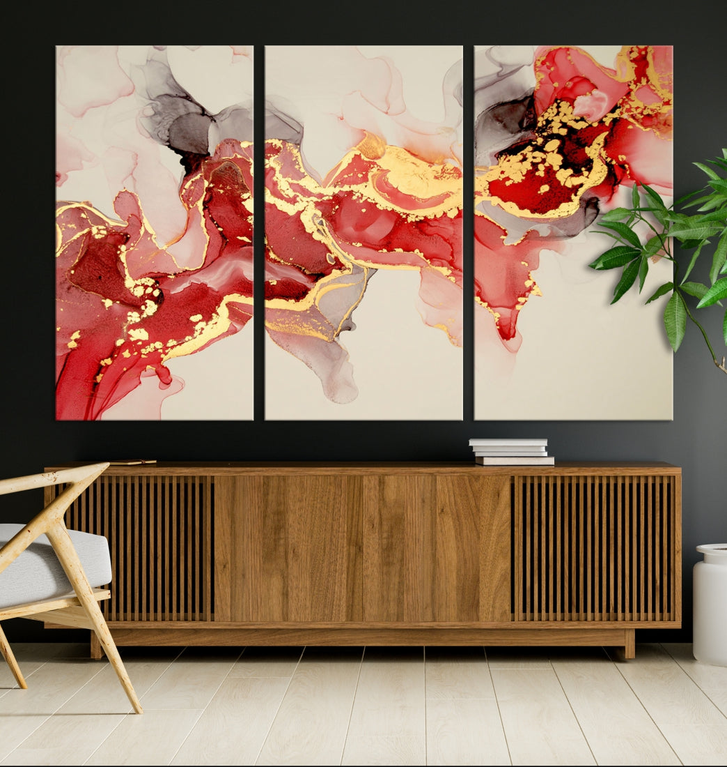 Contemporary Red Gold Abstract Painting on Canvas Print Framed Wall Decor