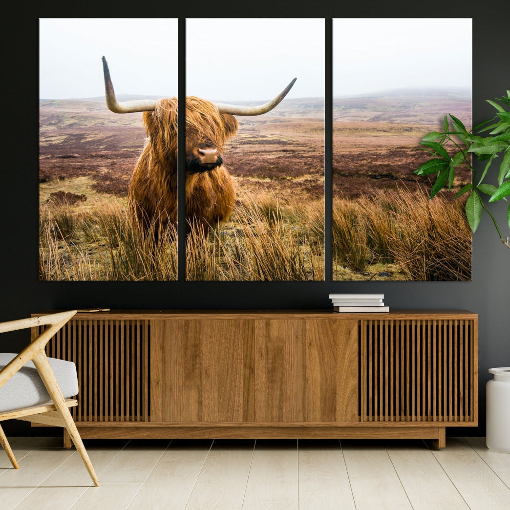 Highland Cow Canvas Wall Art Print Mountain Landscape Animal Canvas Art Home Office Decor Artwork for Living Room Framed and Stretched Ready to Hang Split Art Large Canvas Picture