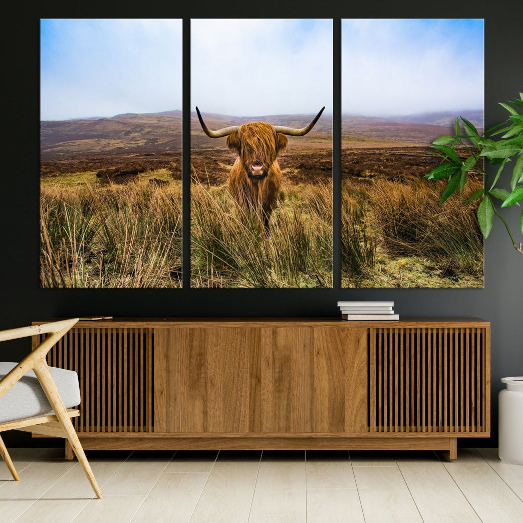 Highland Cow with Beautiful Landscape Canvas Wall Art Print Large Animal Art Print Farmhouse Ranch Farm Decor Cute Animals Cow Print Framed Ready to Hang Original Canvas Artwork