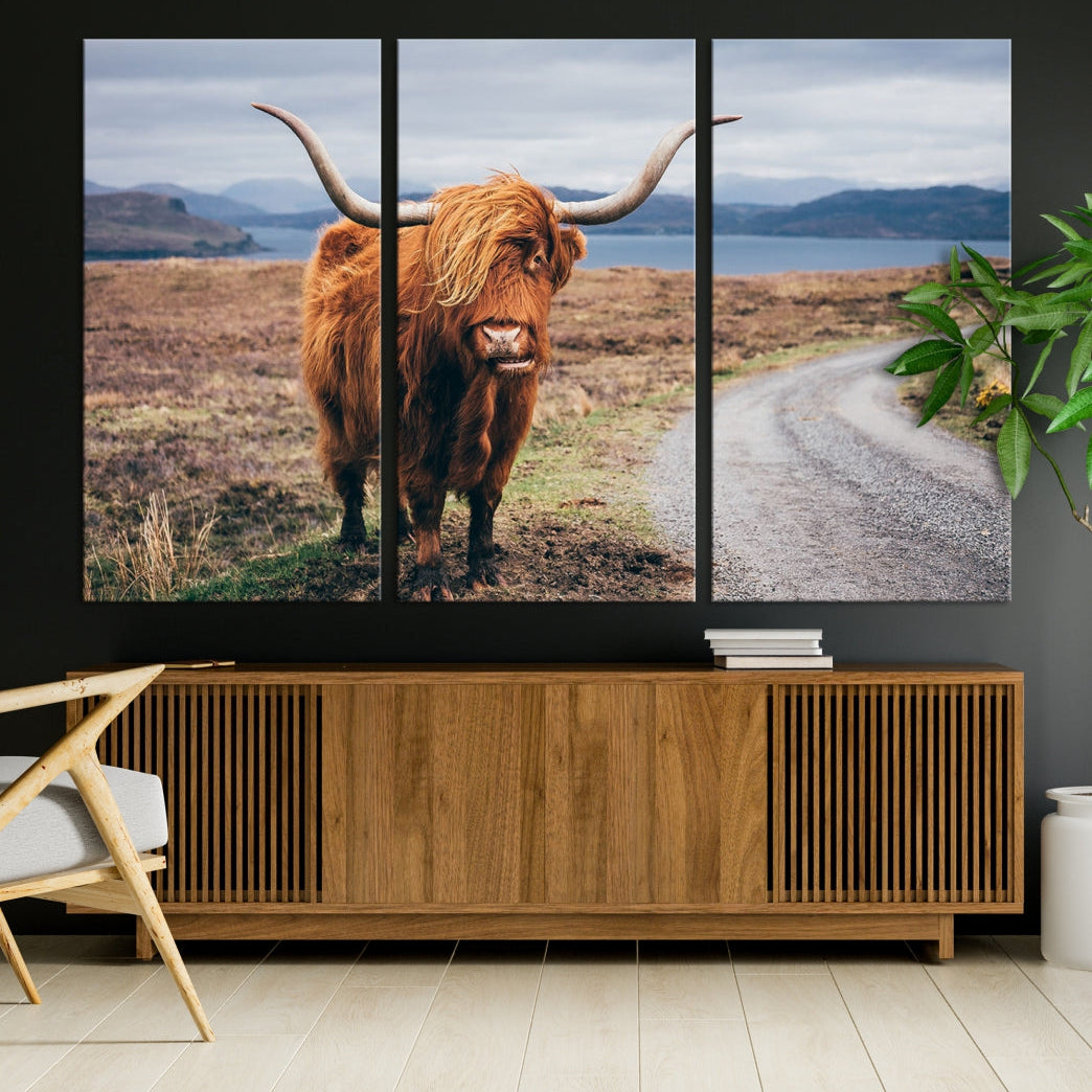 Highland Cow with Big Horn Canvas Wall Art Animal Photo Print Wall Decor