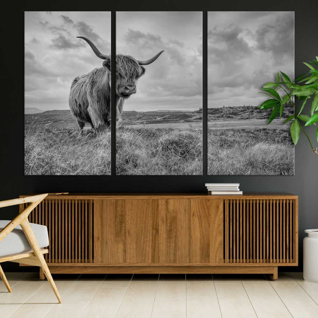 Grayscale Highland Cow Canvas Art Print Extra Large Animal Picture Print on Canvas