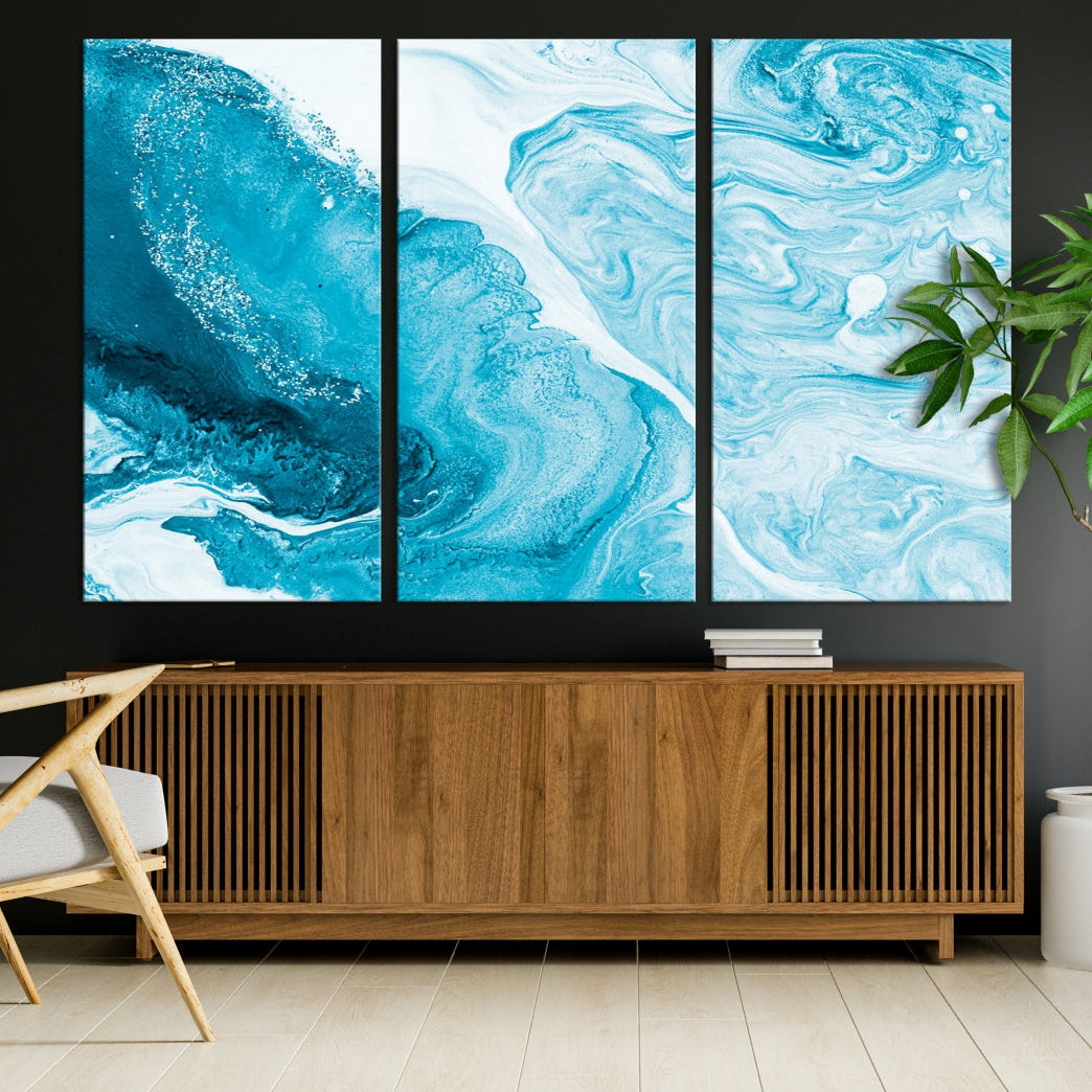 Bright Blue Abstract Painting on Canvas Large Marble Art Print