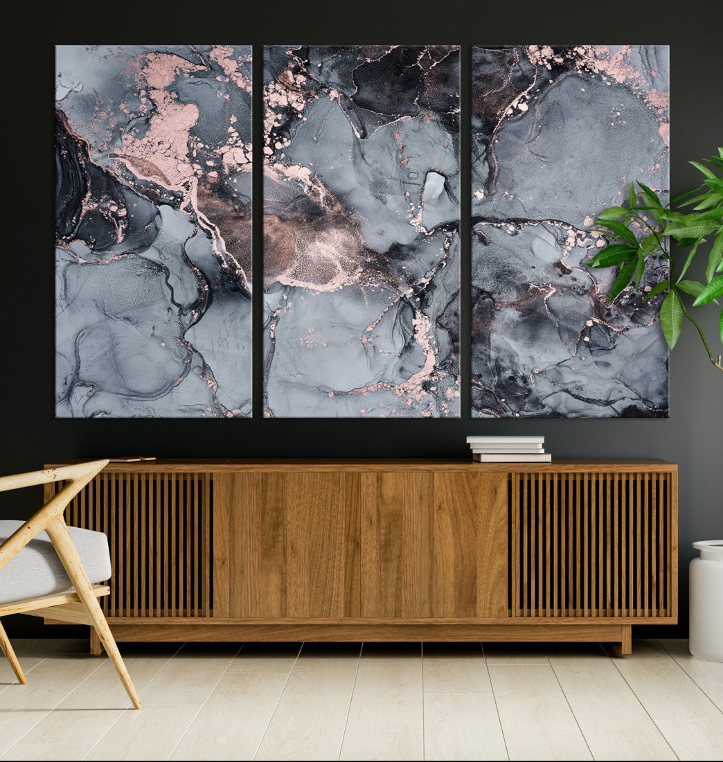 Gray and Rose Gold Marble Abstract Painting on Giclee Canvas Wall Art Print