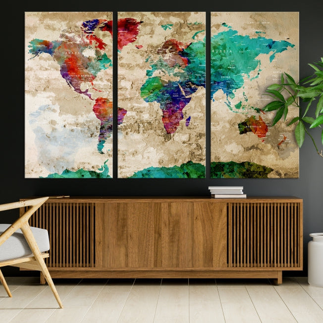 Multi Panel World Map with Push Pins Detailed Map Canvas Wall Art Print