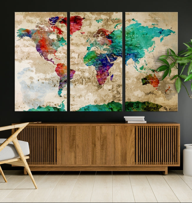 Multi Panel World Map with Push Pins Detailed Map Canvas Wall Art Print