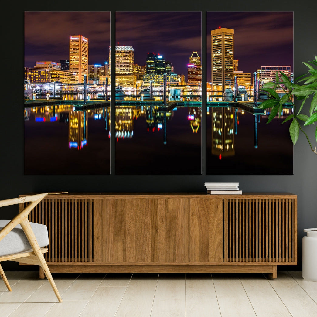 Baltimore City Night Skyline Purple Cityscape Large Wall Art Canvas Print