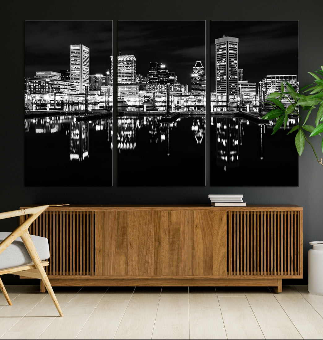 Black and White Baltimore Downtown Night Skyline Wall Art Cityscape Canvas Print