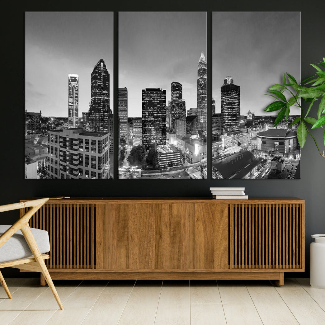 Aerial Charlotte City Skyline Wall Art Black and White Cityscape Canvas Print