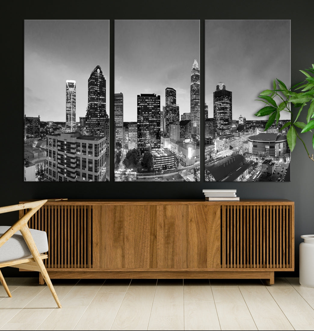 Aerial Charlotte City Skyline Wall Art Black and White Cityscape Canvas Print