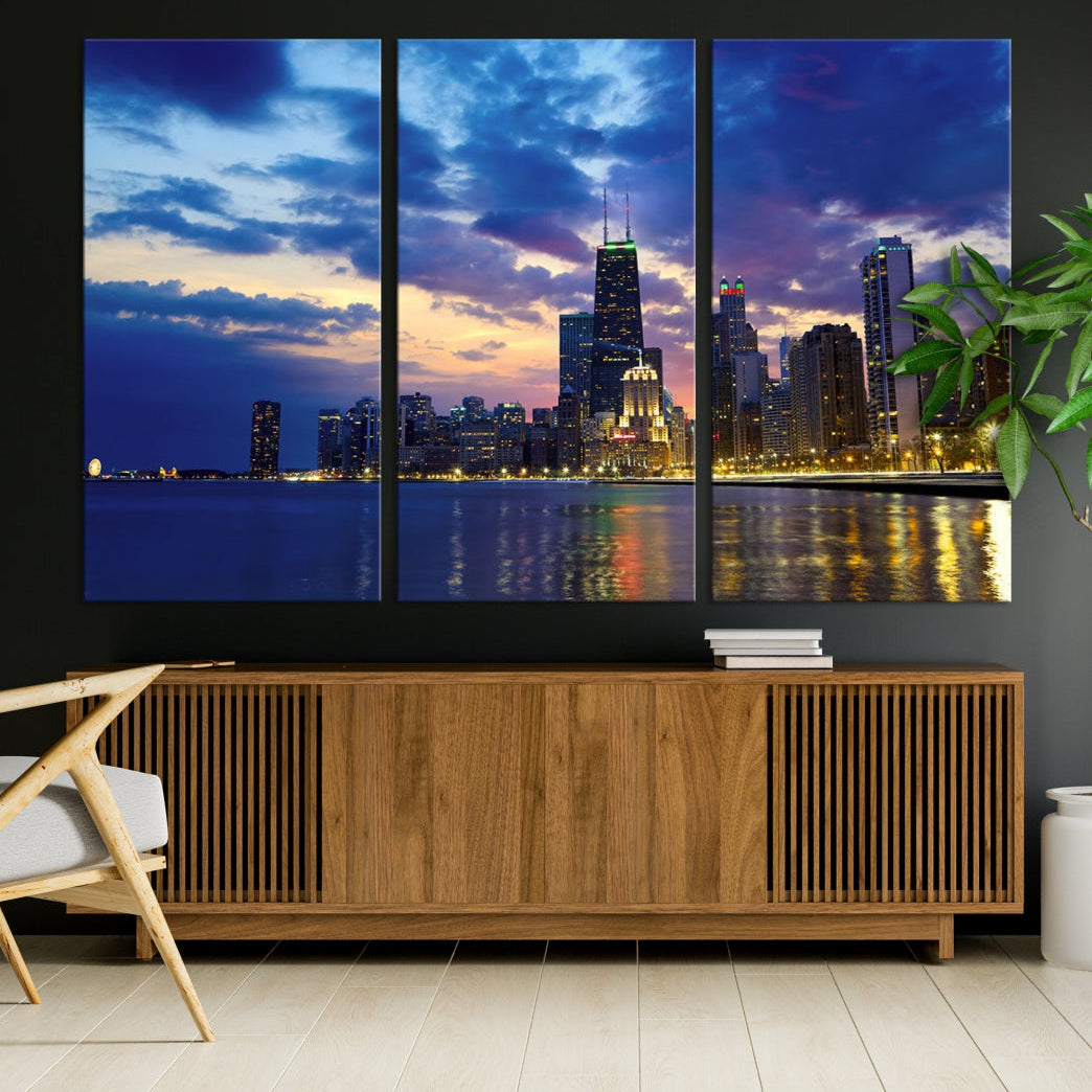 Blue Chicago Night Skyline Downtown Cityscape Large Wall Art Canvas Print