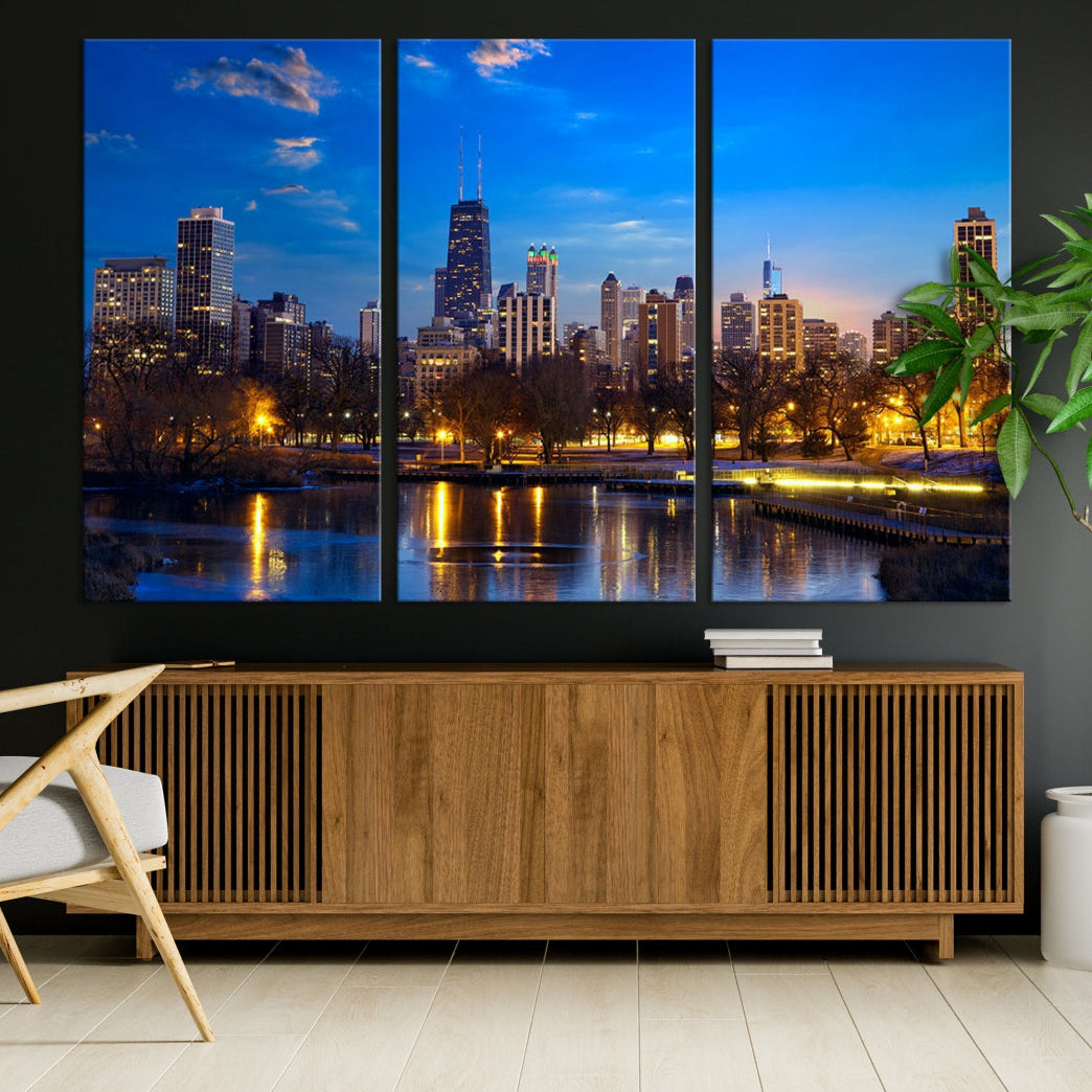 Large Chicago Skyline Wall Art Night Cityscape Canvas Print Home Decor