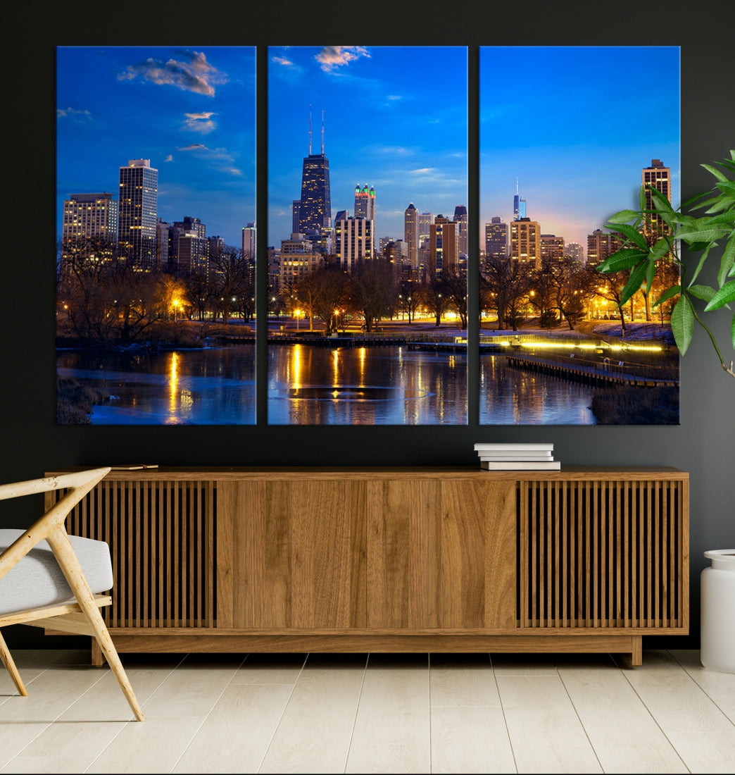 Large Chicago Skyline Wall Art Night Cityscape Canvas Print Home Decor