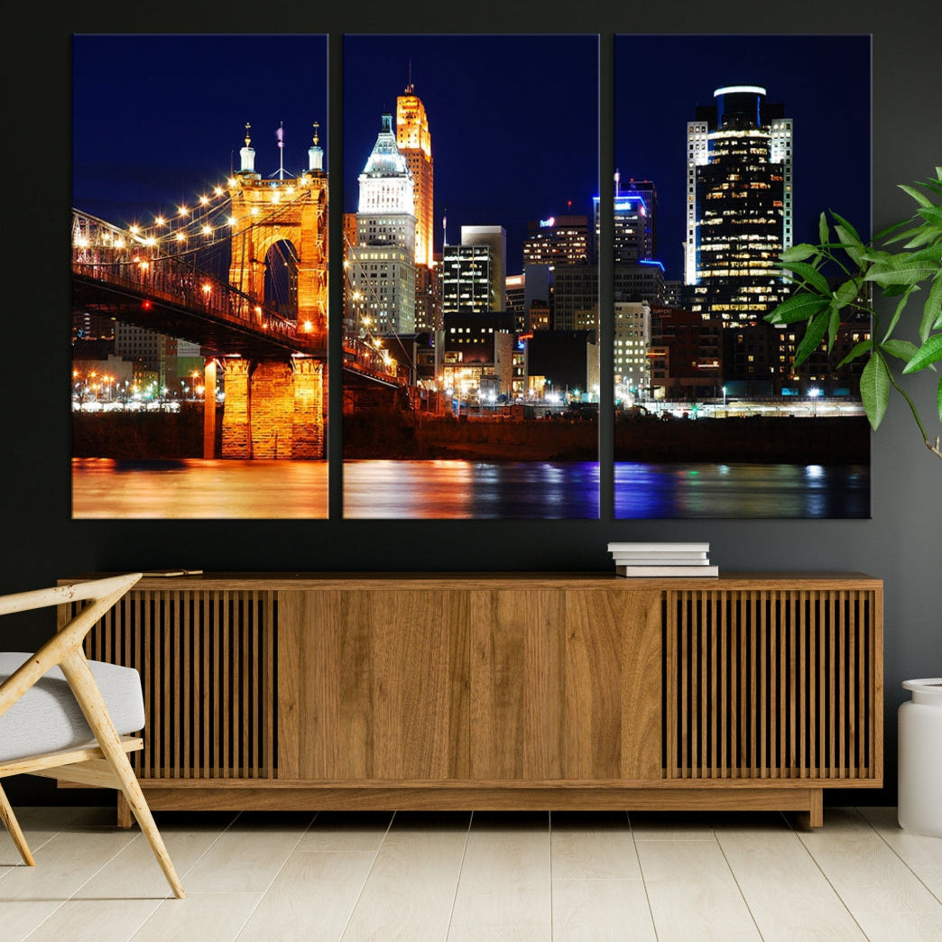 Cincinnati Bright Lights Night Skyline Canvas Wall Art Framed Print