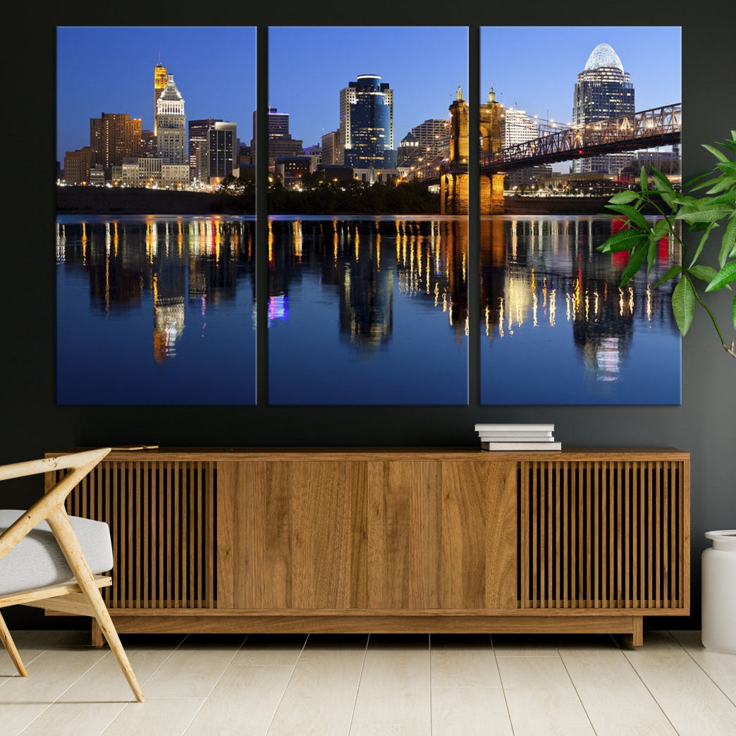 Cincinnati Night Skyline Reflections Large Cityscape Wall Art Canvas Print