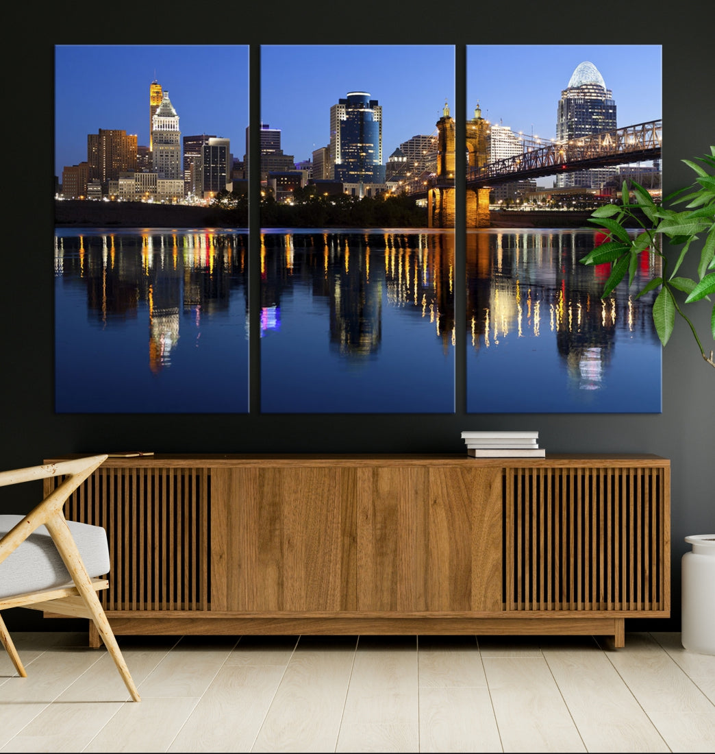 Cincinnati Night Skyline Reflections Large Cityscape Wall Art Canvas Print