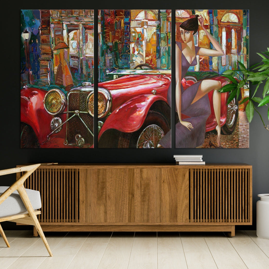 Lady With a Red Old Antique Car Jalopy Wall Art Canvas Print