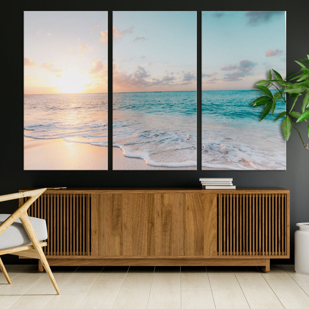 Appealing Sunset on Beach Canvas Wall Art Coastal Ocean Print