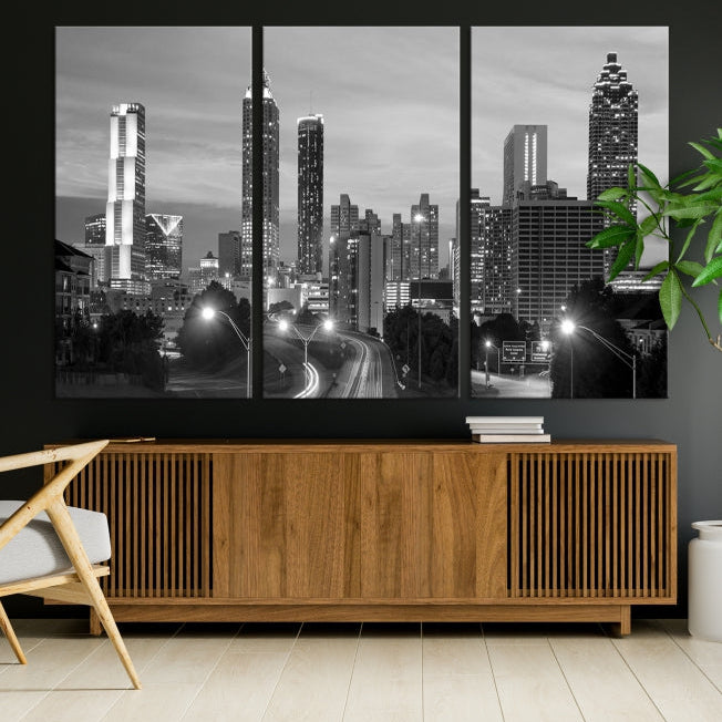 Atlanta City Cloudy Skyline Black and White Cityscape Canvas Print