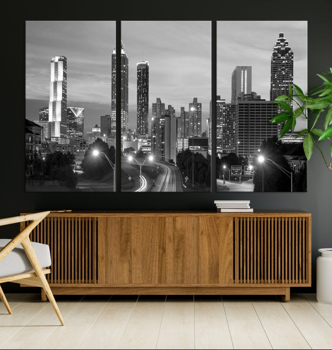 Atlanta City Cloudy Skyline Black and White Cityscape Canvas Print