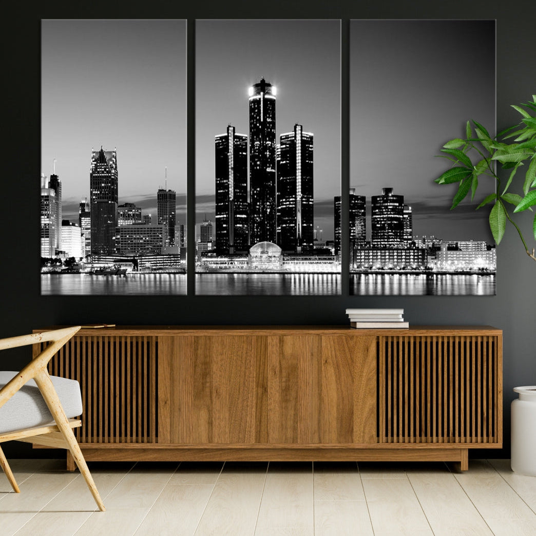 Extra Large Detroit Skyline Black and White Cityscape Wall Art Canvas Print