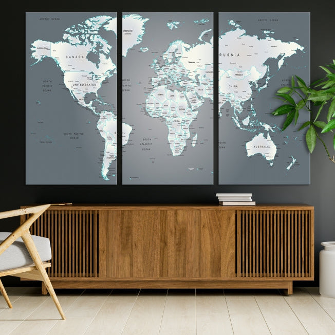 Gray World Map Push Pin Travel Map Canvas Wall Art Giclee Print