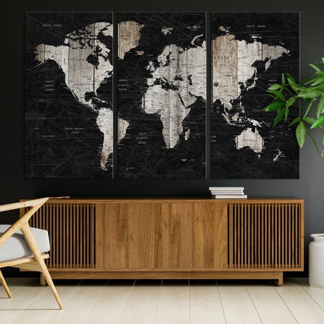 Black Push Pin World Map Detailed Framed Wall Art Canvas Print