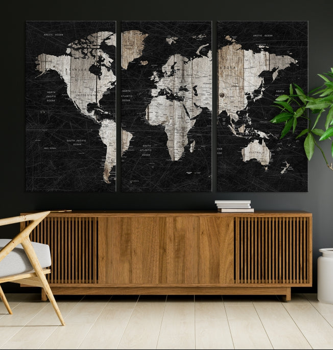 Black Push Pin World Map Detailed Framed Wall Art Canvas Print