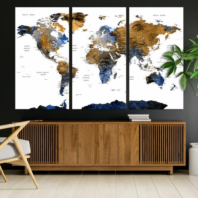 Extra Large Dark Colored Blue Brown World Map Wall Art Canvas Print