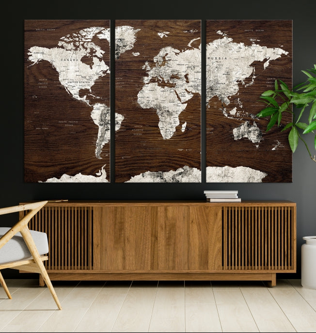 White Coloured World Map on Brown Background Large Canvas Print Wall Art