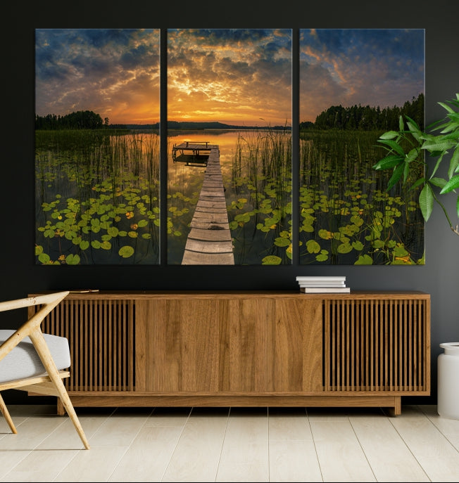 Flowers and Sunset at Lake Wall Art Natural Landscape Canvas Print