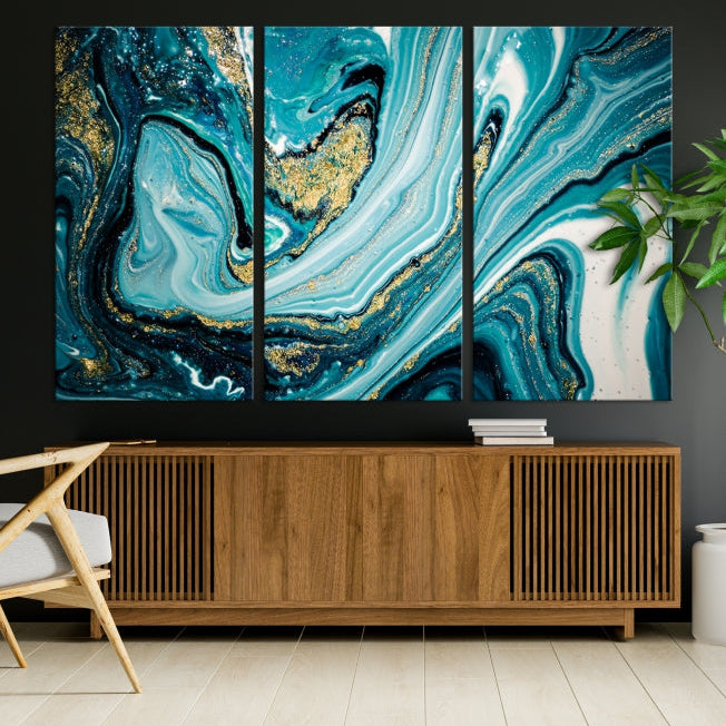 Turquoise Gold Marble Modern Abstract Painting Large Canvas Wall Art Giclee Print