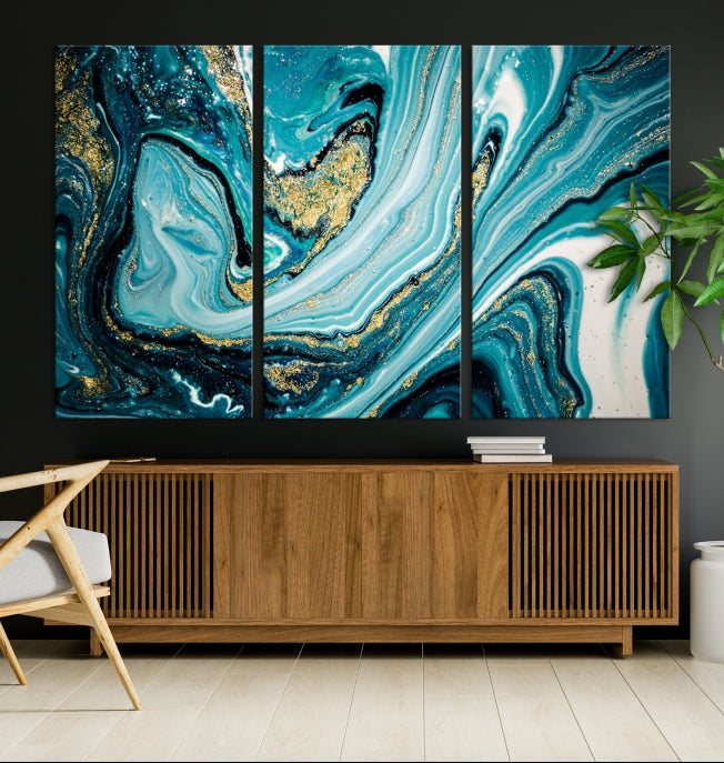 Turquoise Gold Marble Modern Abstract Painting Large Canvas Wall Art Giclee Print