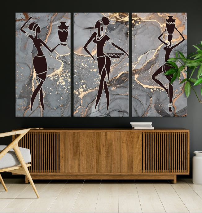 Gray Gold African Women Canvas Art Print Framed Ready to Hang