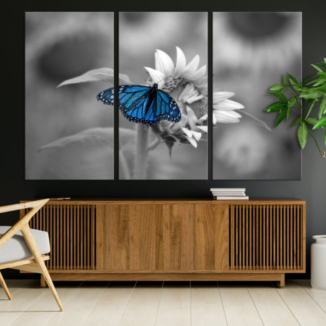 Pretty Blue Butterfly Black and White Canvas Wall Art Print Framed Ready to Hang