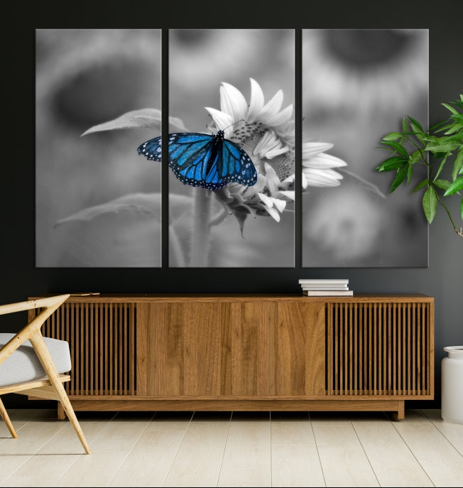 Pretty Blue Butterfly Black and White Canvas Wall Art Print Framed Ready to Hang