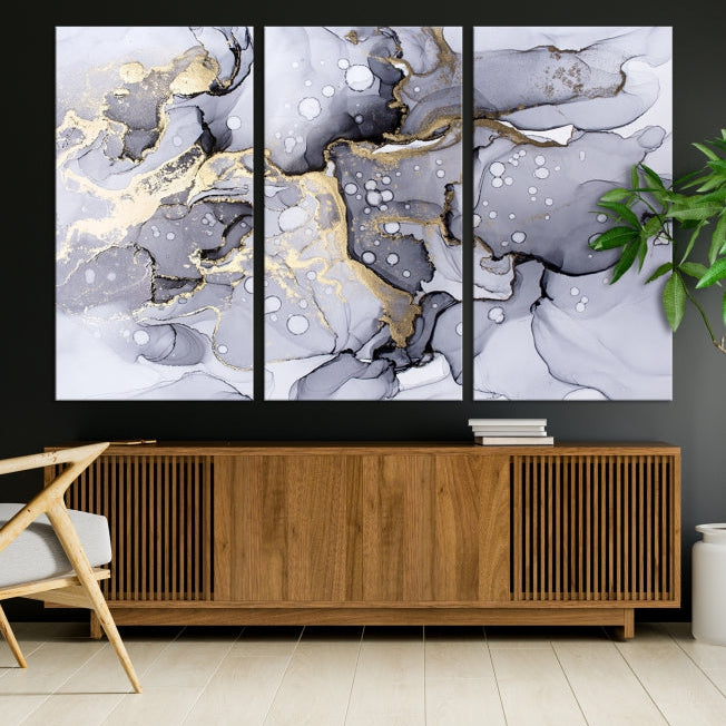 Gray Gold Abstract Painting on Giclee Canvas Wall Art Print Framed