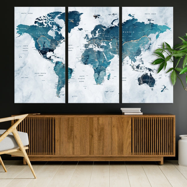 Blue World Map Extra Large Wall Art Canvas Print