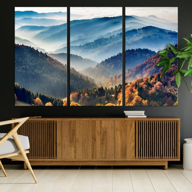 Mountain Misty Forest Foggy Autumn Framed Canvas Wall Art Giclee Print