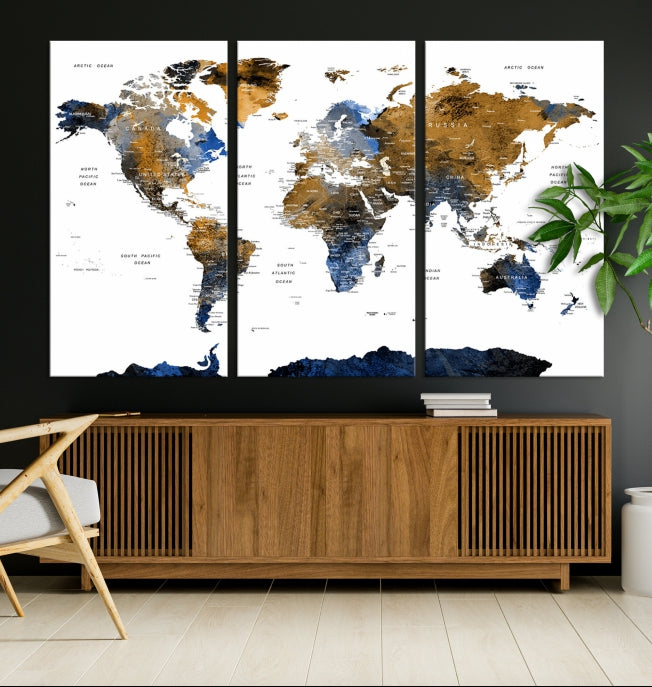 Push Pin Watercolor World Map Framed Canvas Wall Art Print