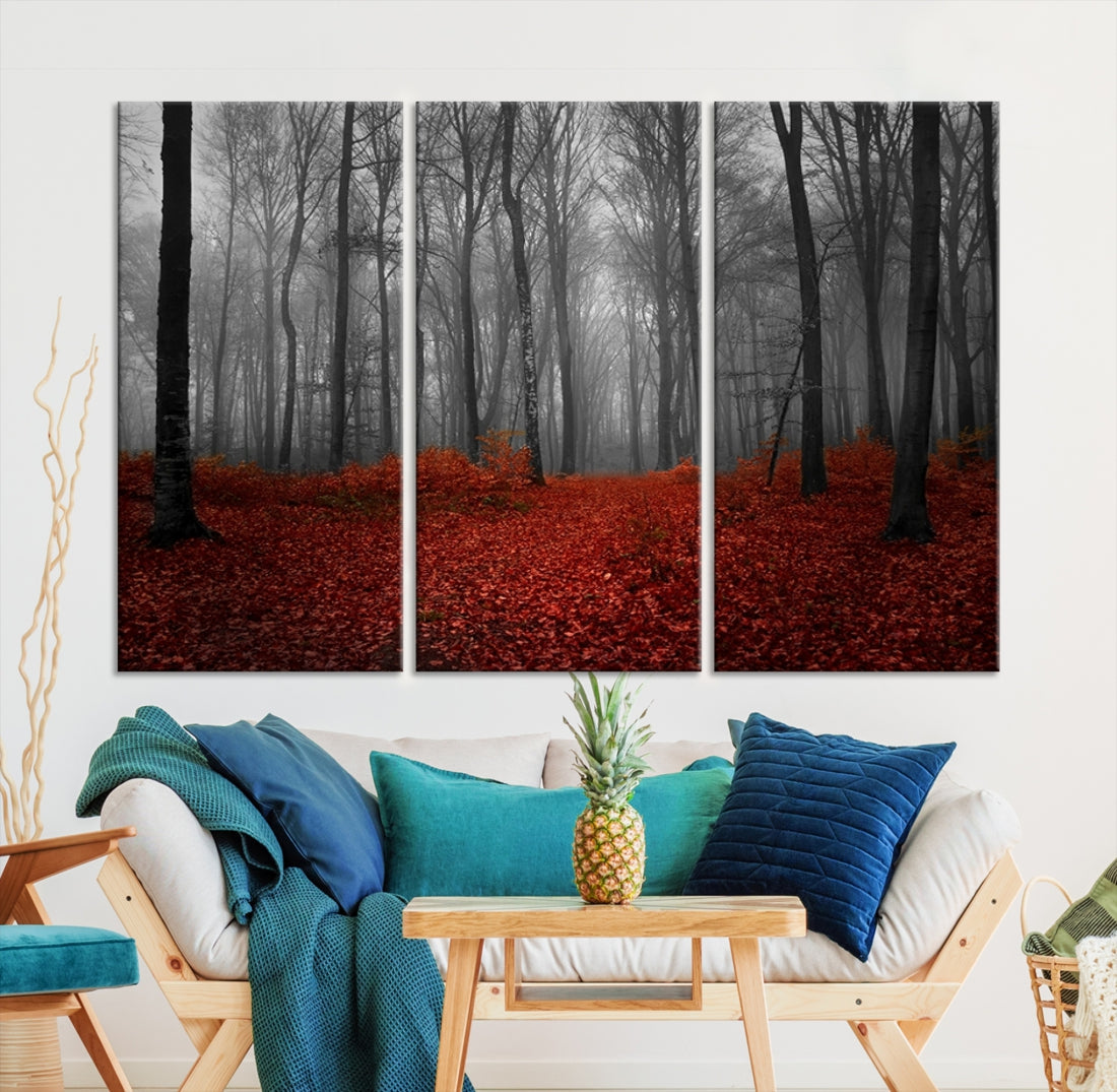 Foggy Forest with Red Leaves Autumn Landscape Giclee Canvas Extra Large Wall Art Print