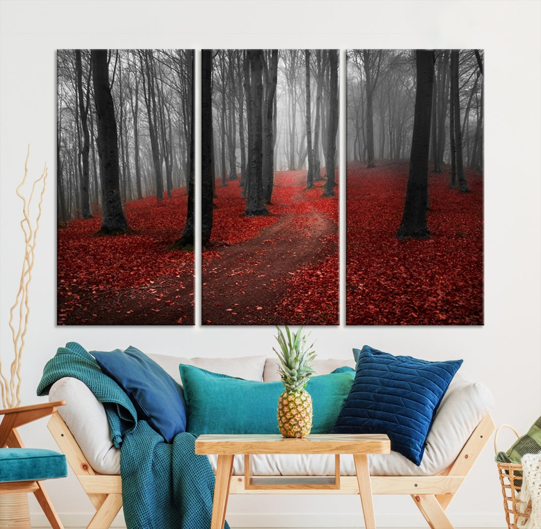 Wonderful Forest with Red Leaves on Ground Large Wall Art Landscape Canvas Print