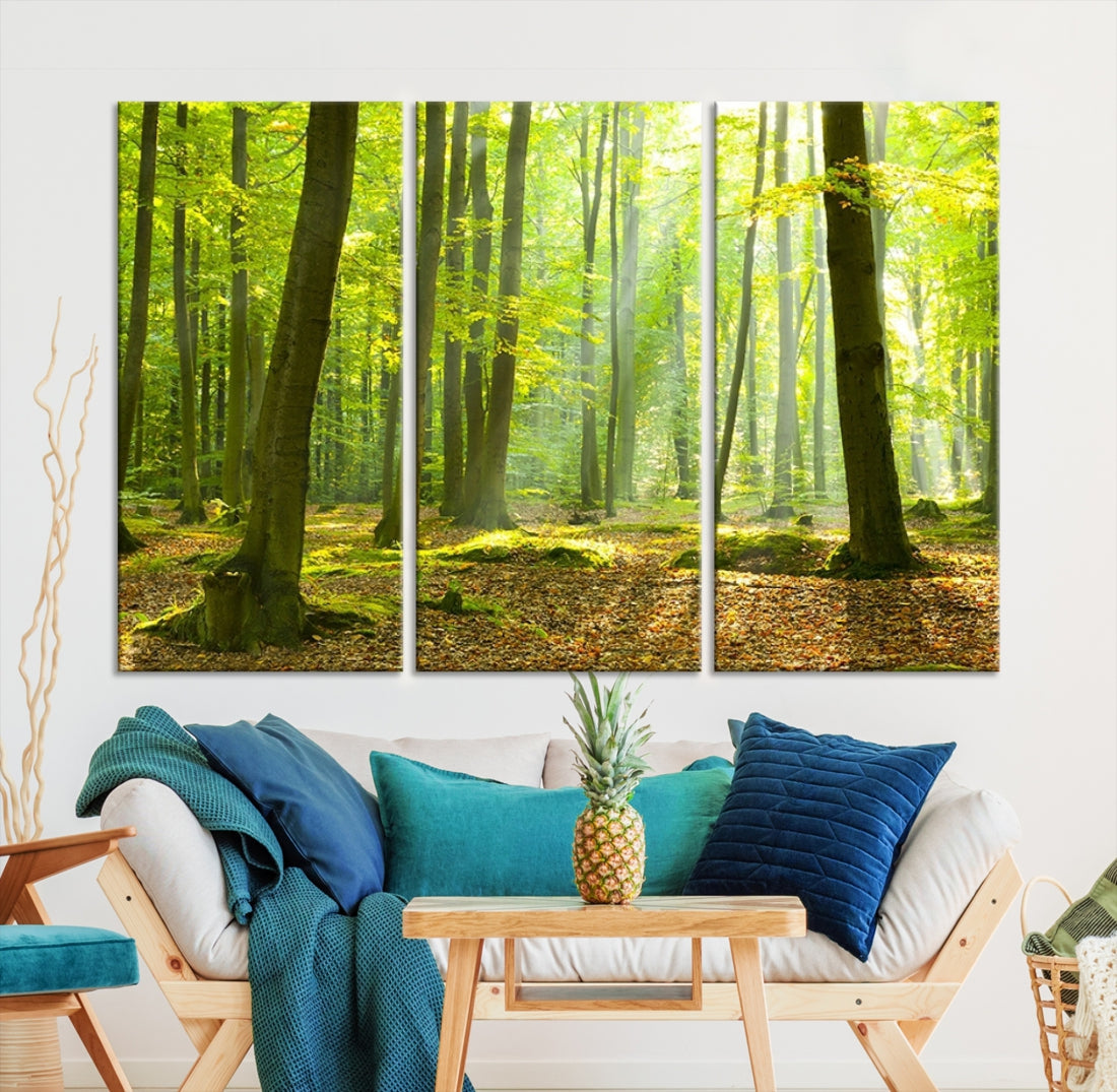 Sunshine in Green Forest Large Tree Wall Art Landscape Canvas Print