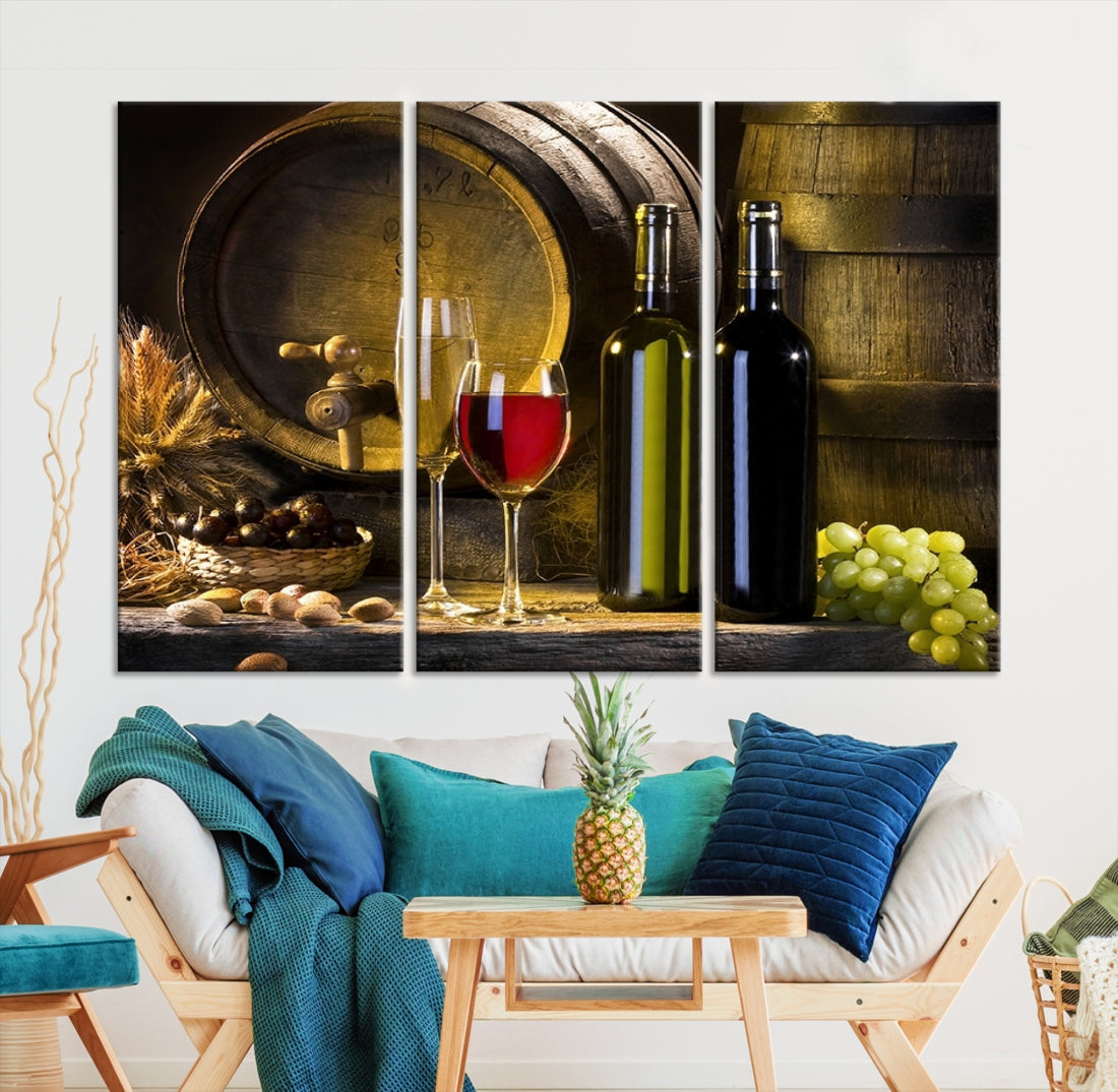 Red and White Wine with Bottles and Tun Giclee Canvas Wall Art Print