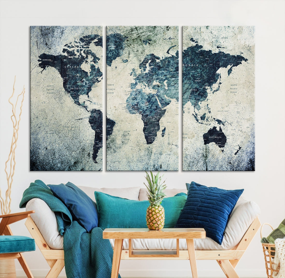 Extra Large World Map Wall Art Watercolor Painting on Canvas Print Grunge Vintage Decor