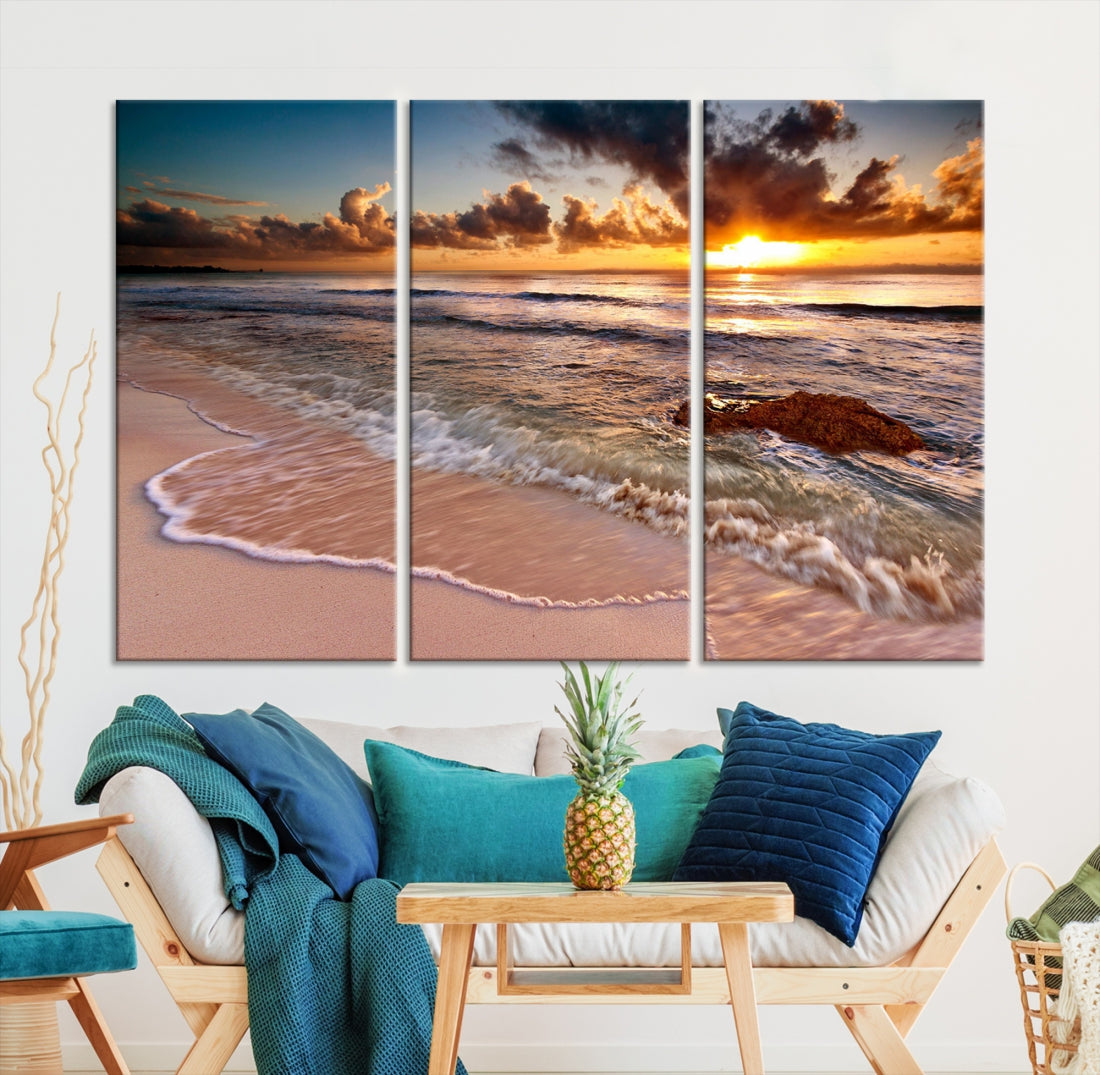 Breathtaking Sunset and Calm Beach Waves Canvas Wall Art Print