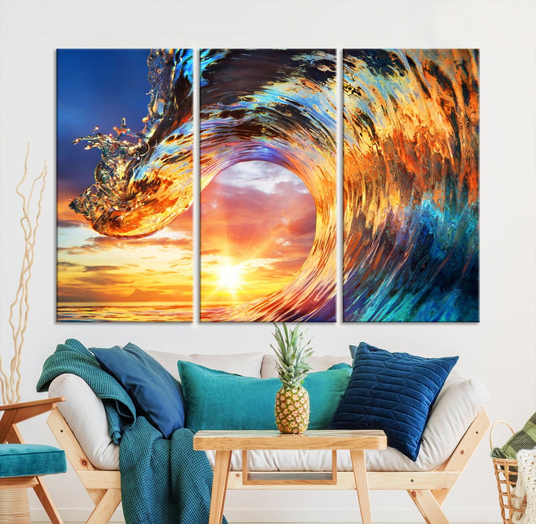 Large Canvas Wall Art Print of a Surface Wave Sunset Ocean