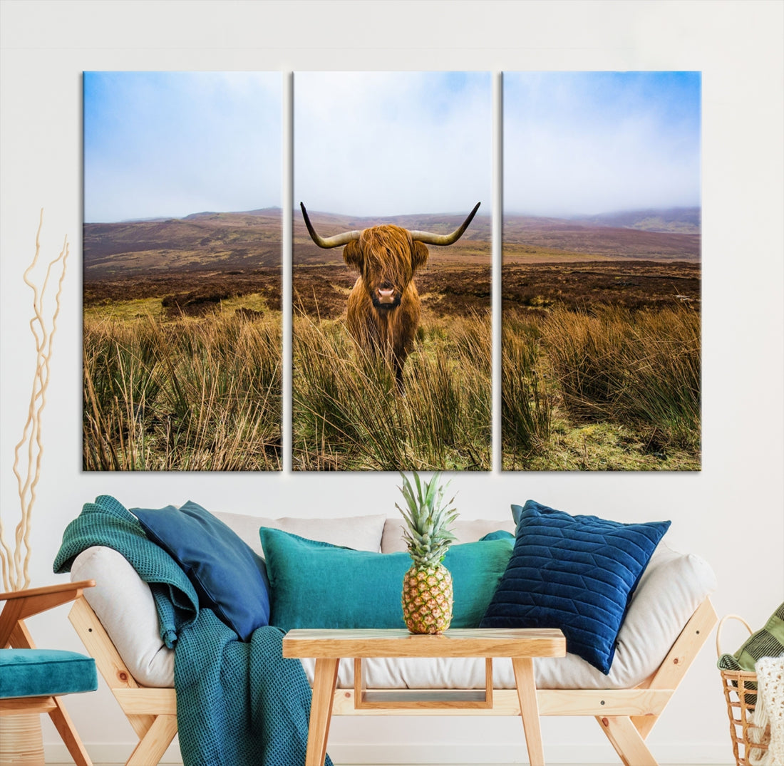 Highland Cow with Beautiful Landscape Canvas Wall Art Print Large Animal Art Print Farmhouse Ranch Farm Decor Cute Animals Cow Print Framed Ready to Hang Original Canvas Artwork